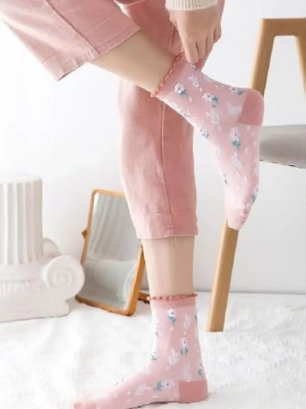Vintage Floral Embroidered Crew Socks for Women - Comfy Cotton Blend, Cute